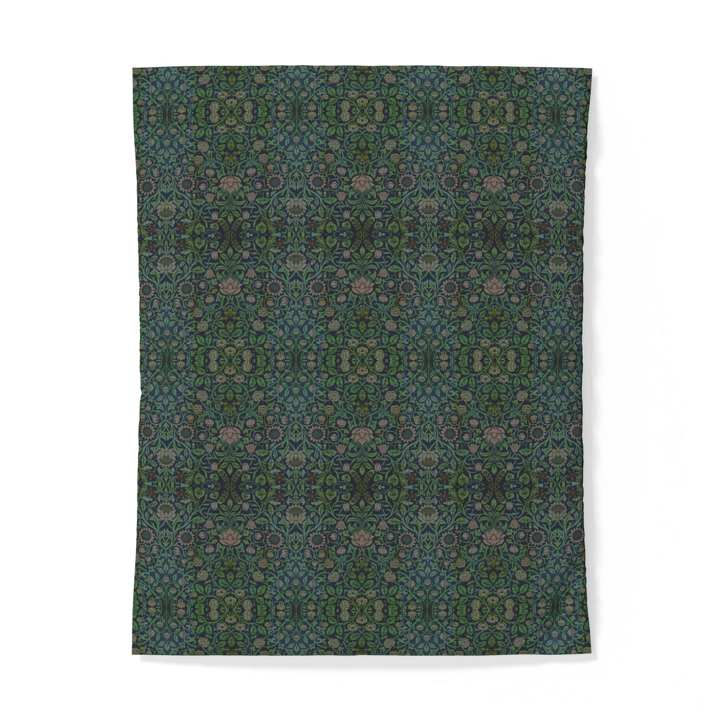 A rectangular textile or fabric sample with an intricate repeating ornamental pattern in dark teal, green, blue, and muted pink, shown flat against a white background.