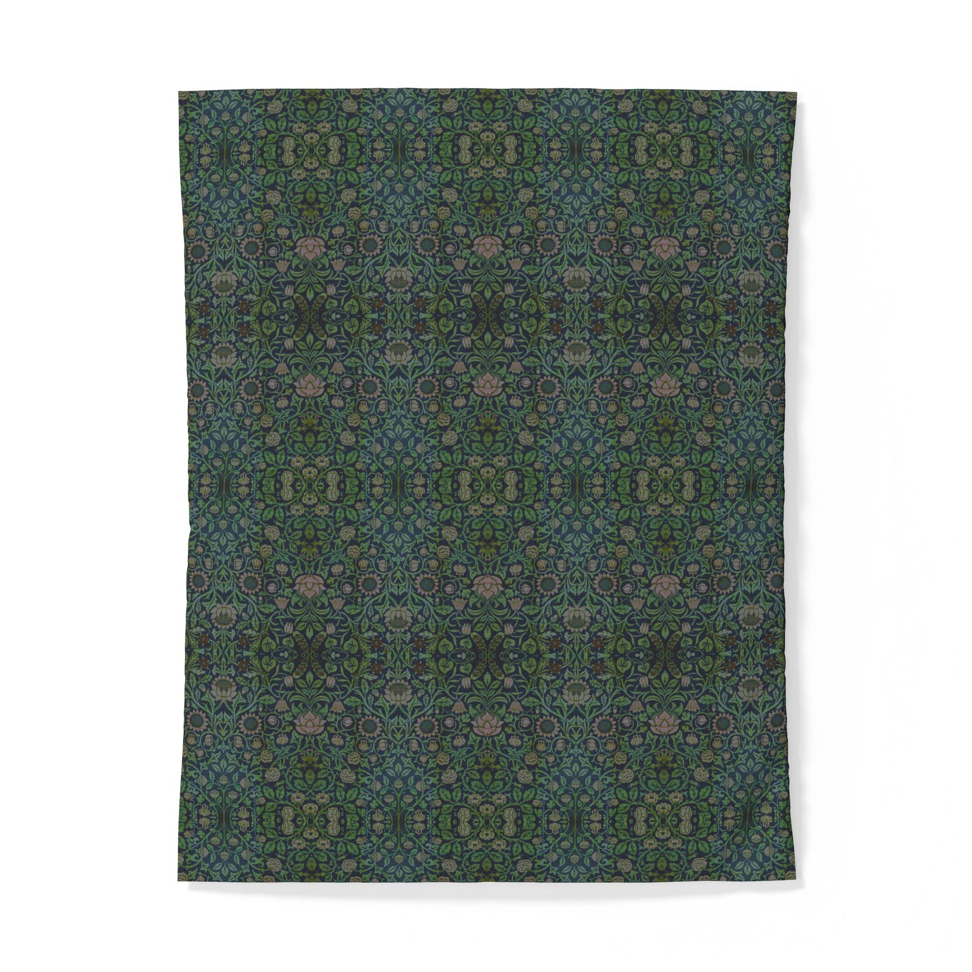 A rectangular textile or fabric sample with an intricate repeating ornamental pattern in dark teal, green, blue, and muted pink, shown flat against a white background.