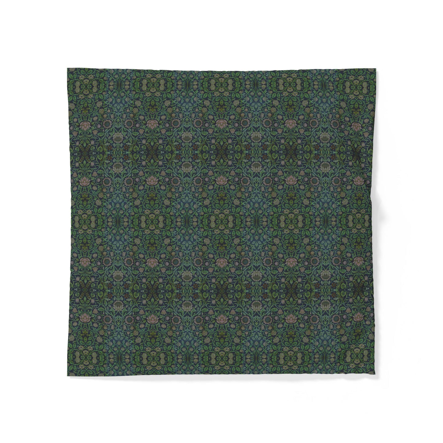 Patterned fabric with blue leaves on a dark background