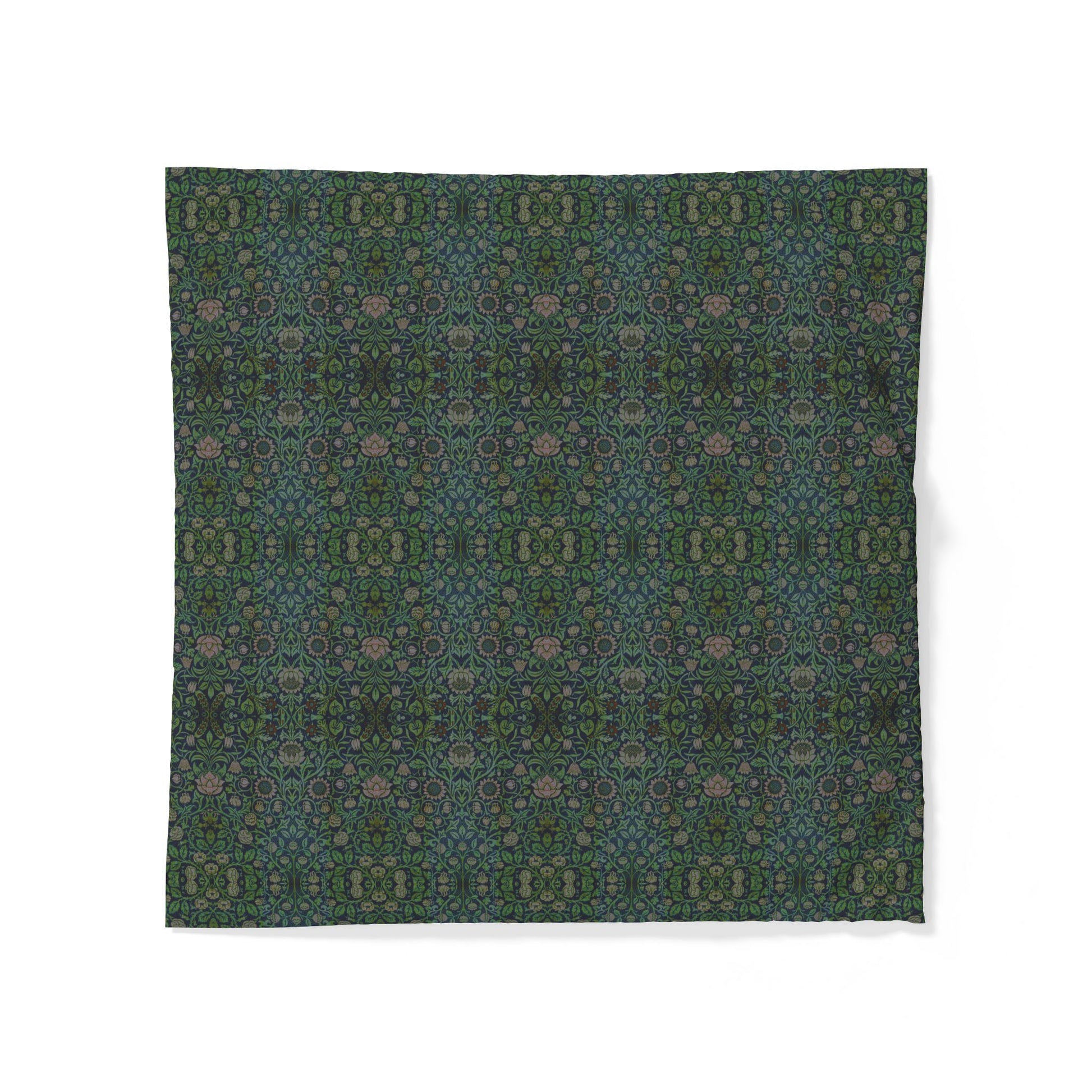 Patterned fabric with blue leaves on a dark background