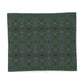 A square fabric sample or textile panel with an intricate repeating floral and geometric pattern in dark teal, forest green, and muted lavender, displayed flat against a white background.