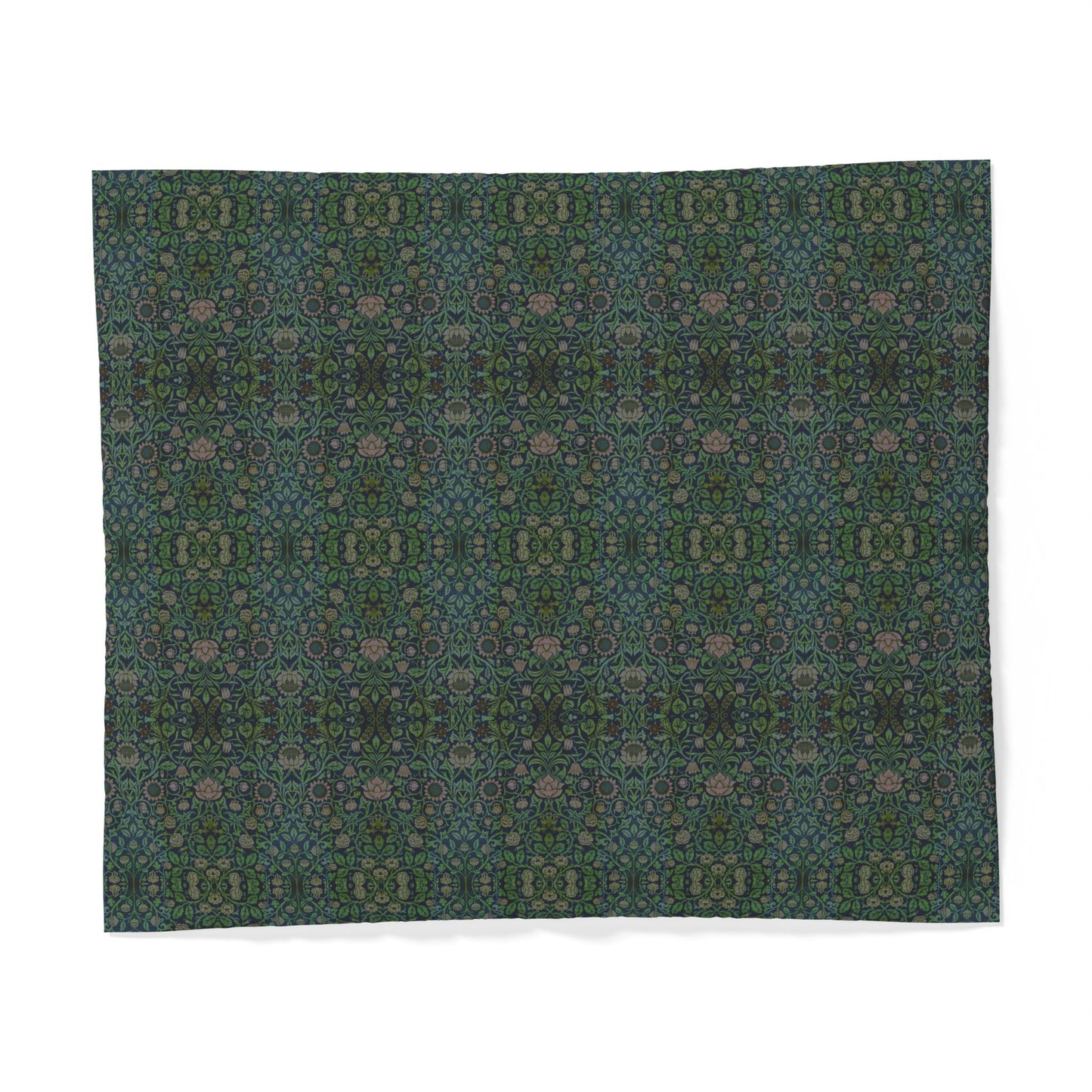 A square fabric sample or textile panel with an intricate repeating floral and geometric pattern in dark teal, forest green, and muted lavender, displayed flat against a white background.