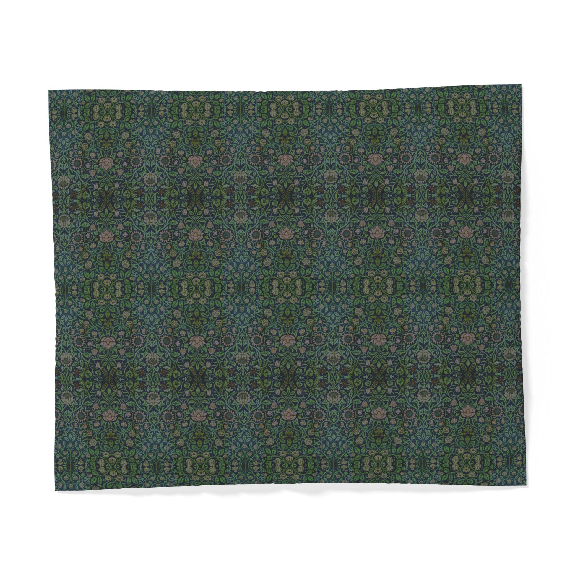 A square fabric sample or textile panel with an intricate repeating floral and geometric pattern in dark teal, forest green, and muted lavender, displayed flat against a white background.