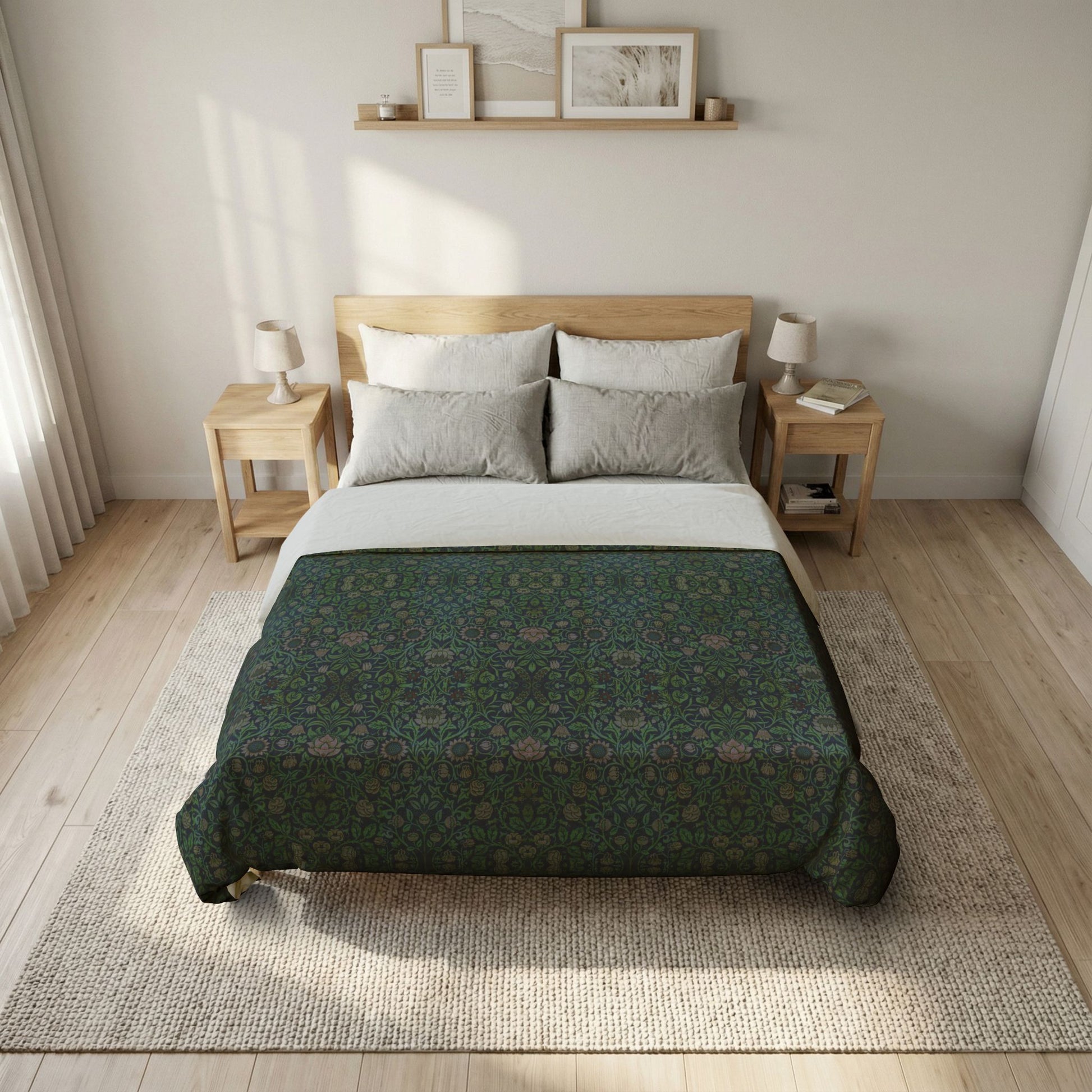 Bedroom with floral comforter on a bed, wooden nightstands, and framed pictures on the wall.