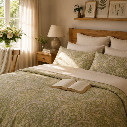 Cozy bedroom with floral bedding, wooden headboard, and decorative elements.