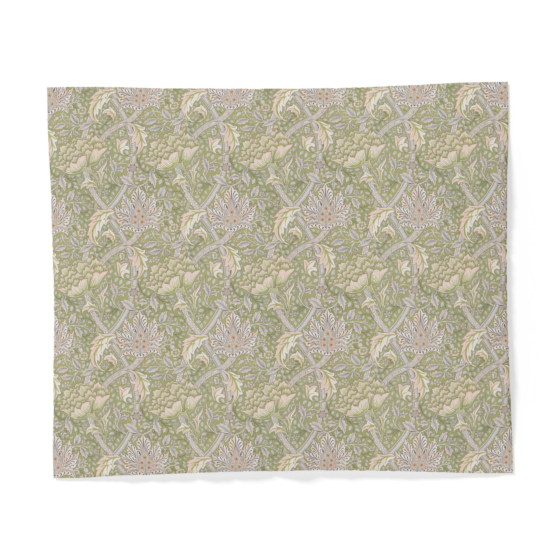 Patterned cotton fabric duvet cover with green and beige design on a white background