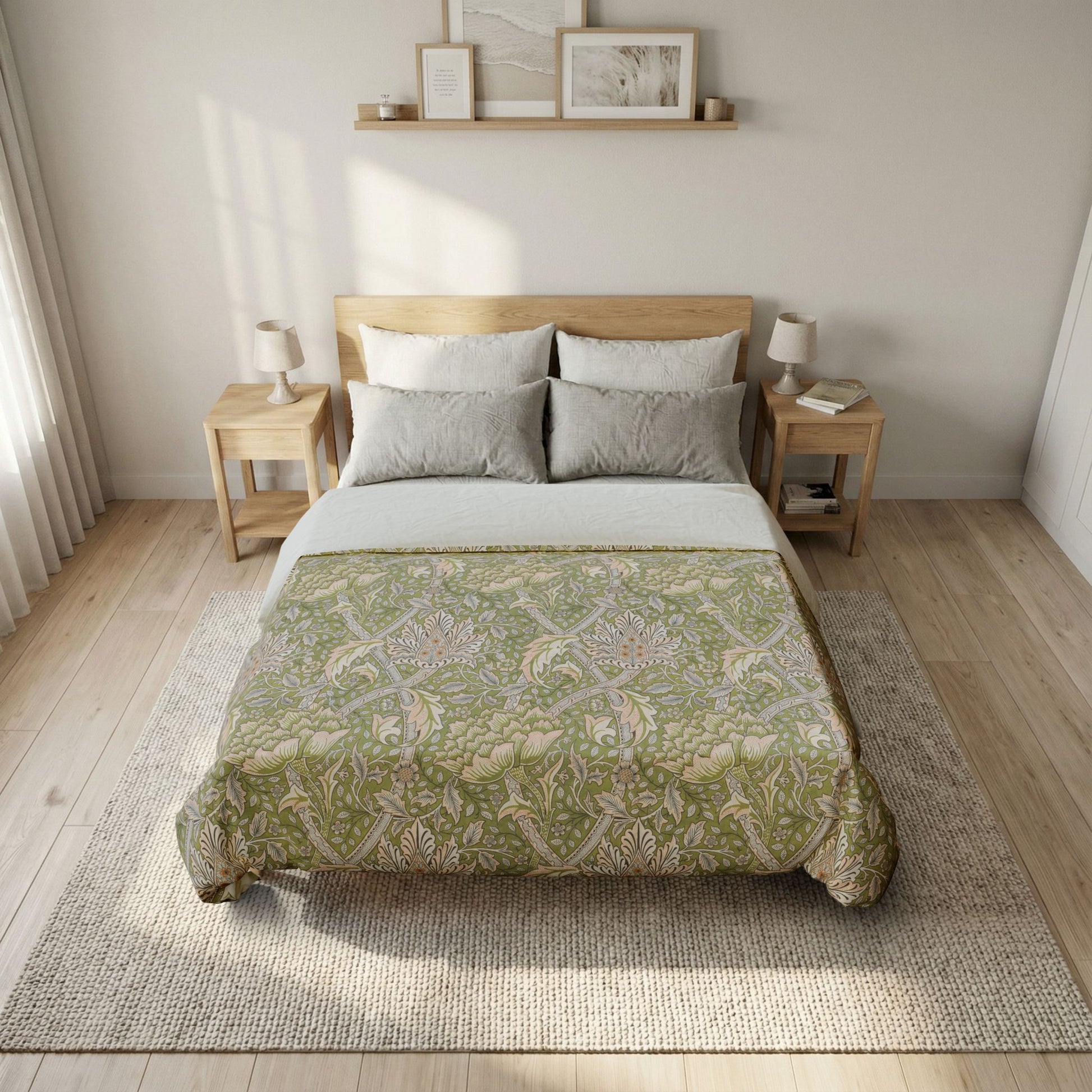 Bedroom with a bed featuring a green floral duvet cover, wooden headboard, and nightstands.