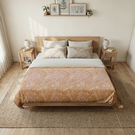 Bedroom with wooden bed, patterned duvet, and side tables.