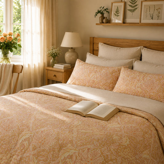 Cozy bedroom with floral bedding, open book, and decorative elements.