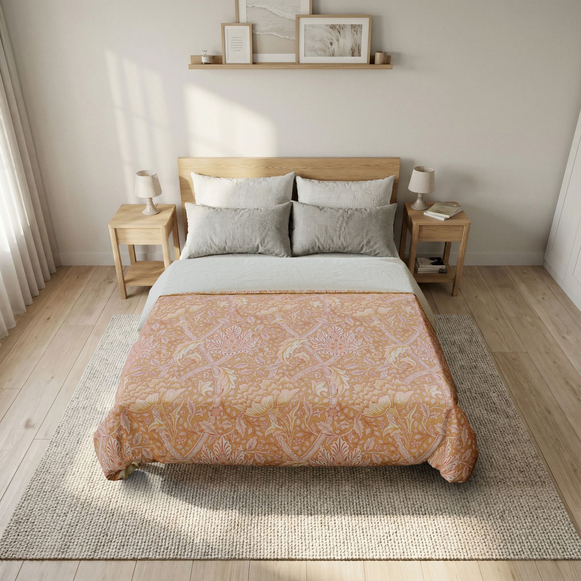 Bedroom with a bed featuring a patterned duvet cover, light wood headboard, and nightstands.
