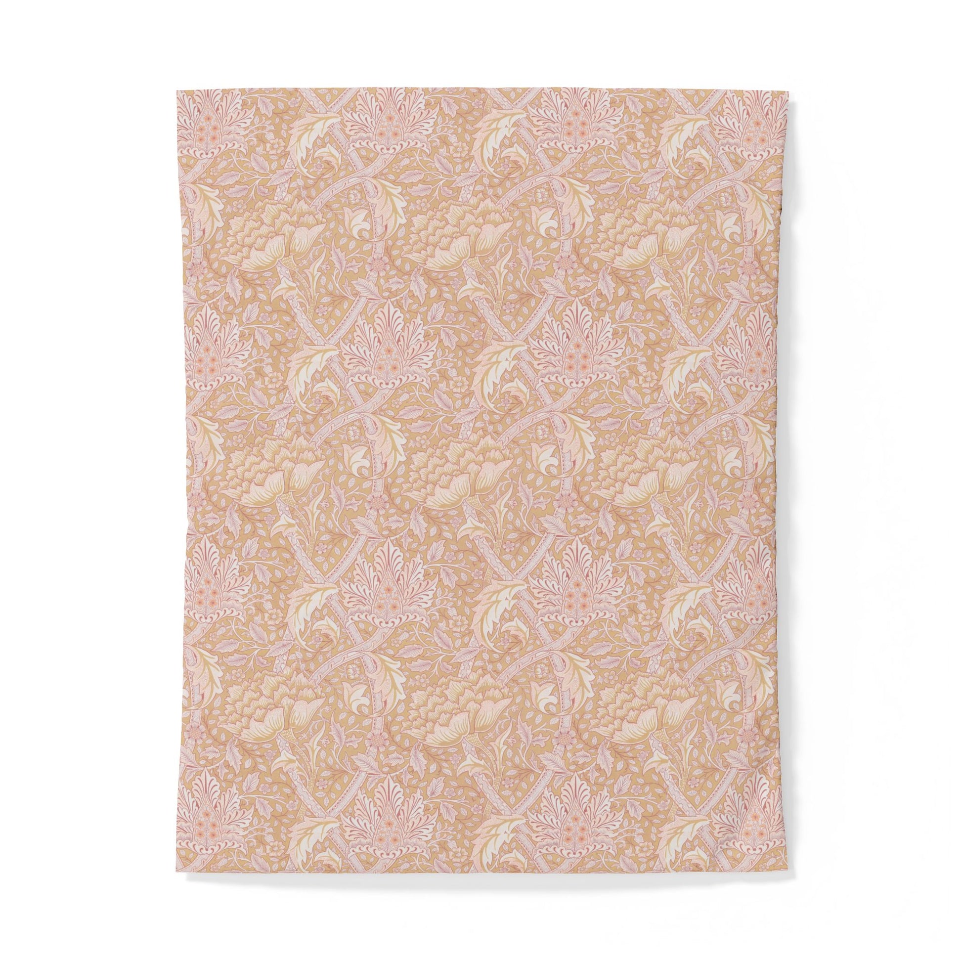 Patterned cotton duvet cover with a beige and pink design on a white background