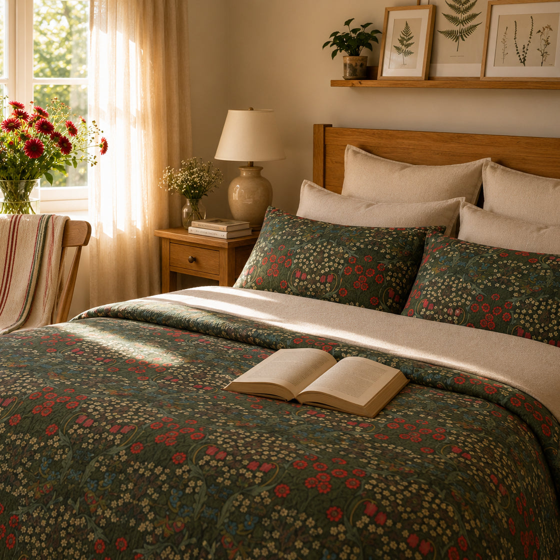 Cozy bedroom with floral bedding, pillows, and an open book.