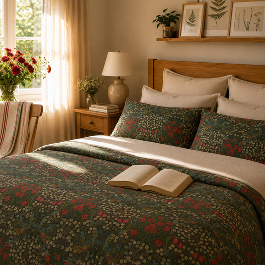 Cozy bedroom with floral bedding, pillows, and an open book.