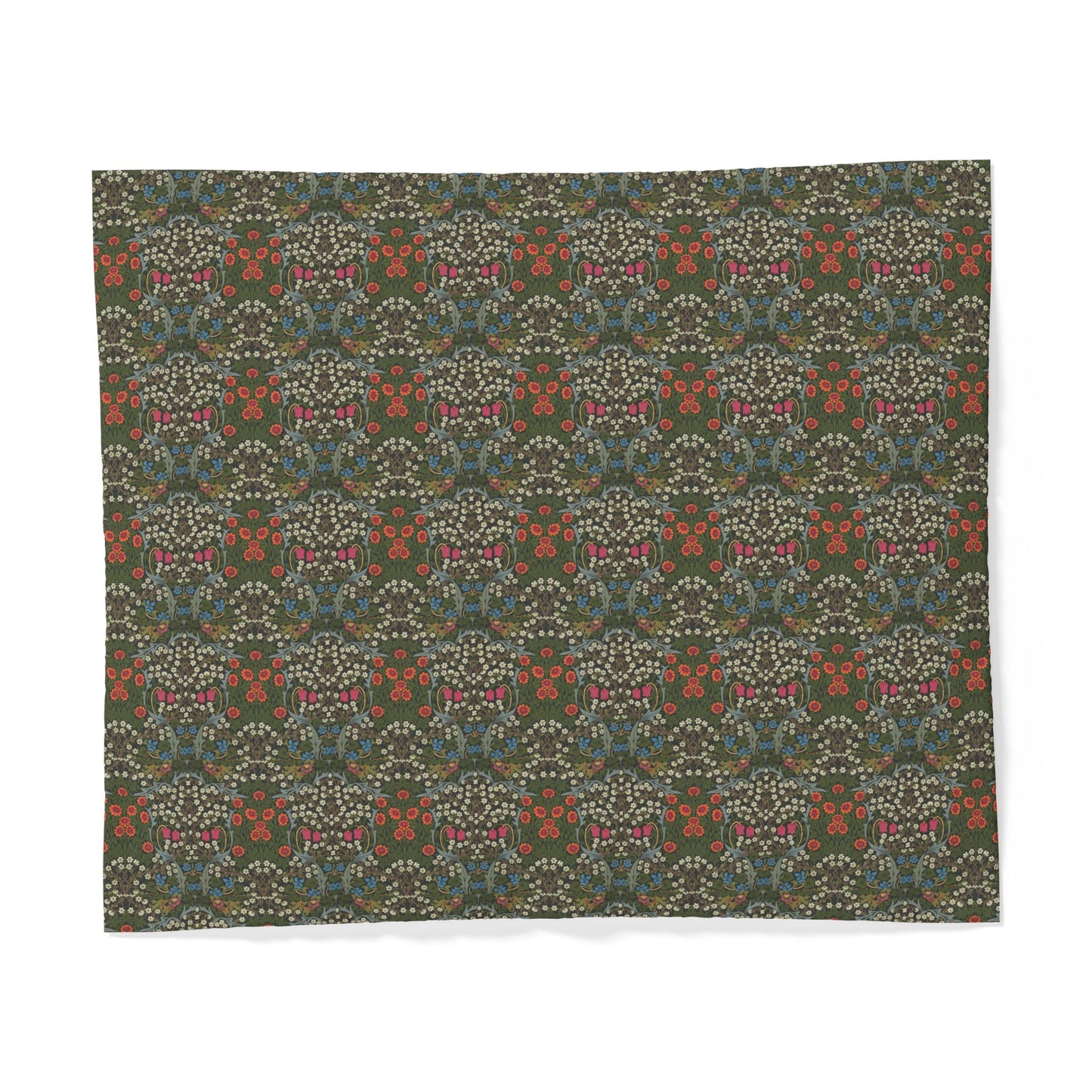 Patterned fabric swatch with a green and red design on a white background