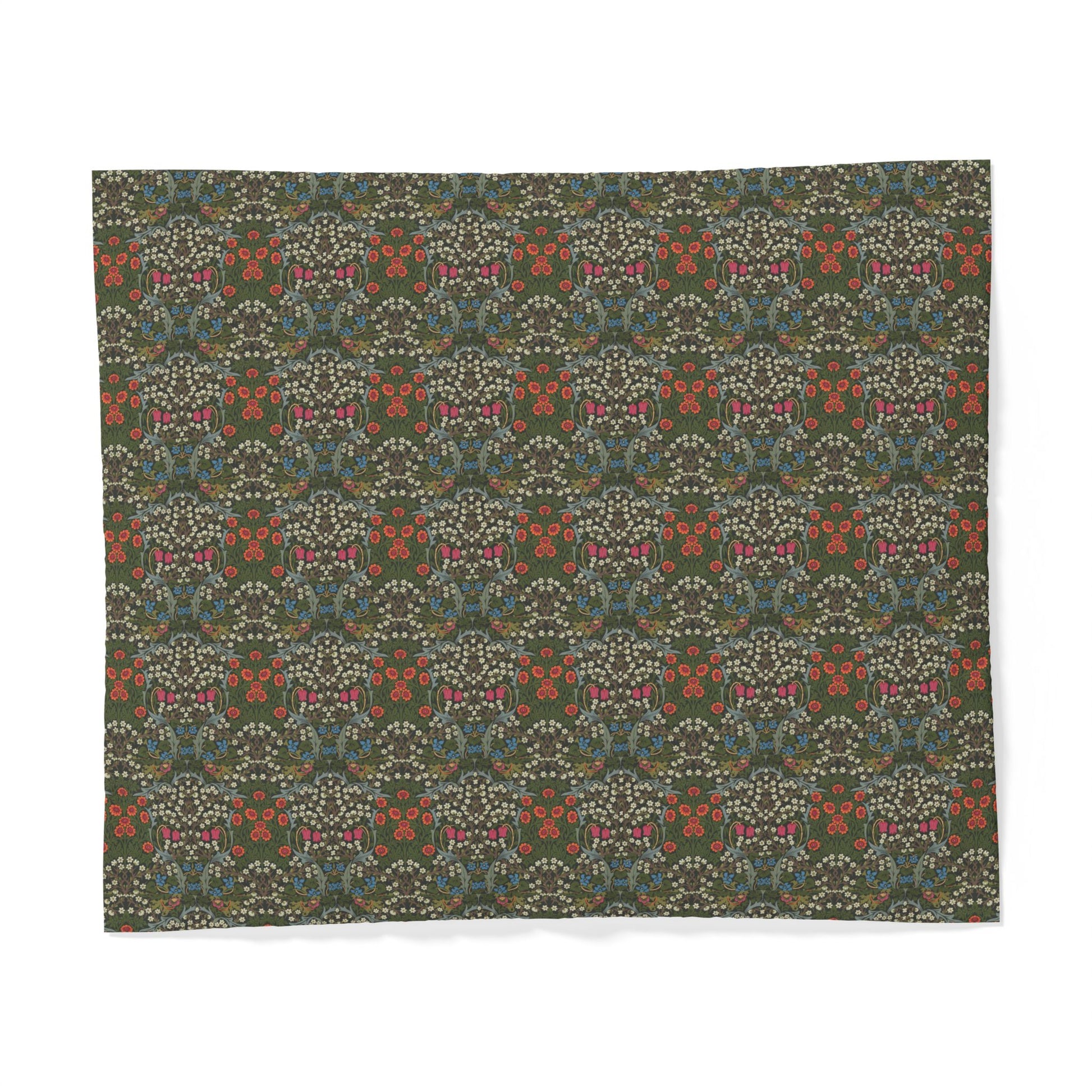 Patterned fabric swatch with a green and red design on a white background
