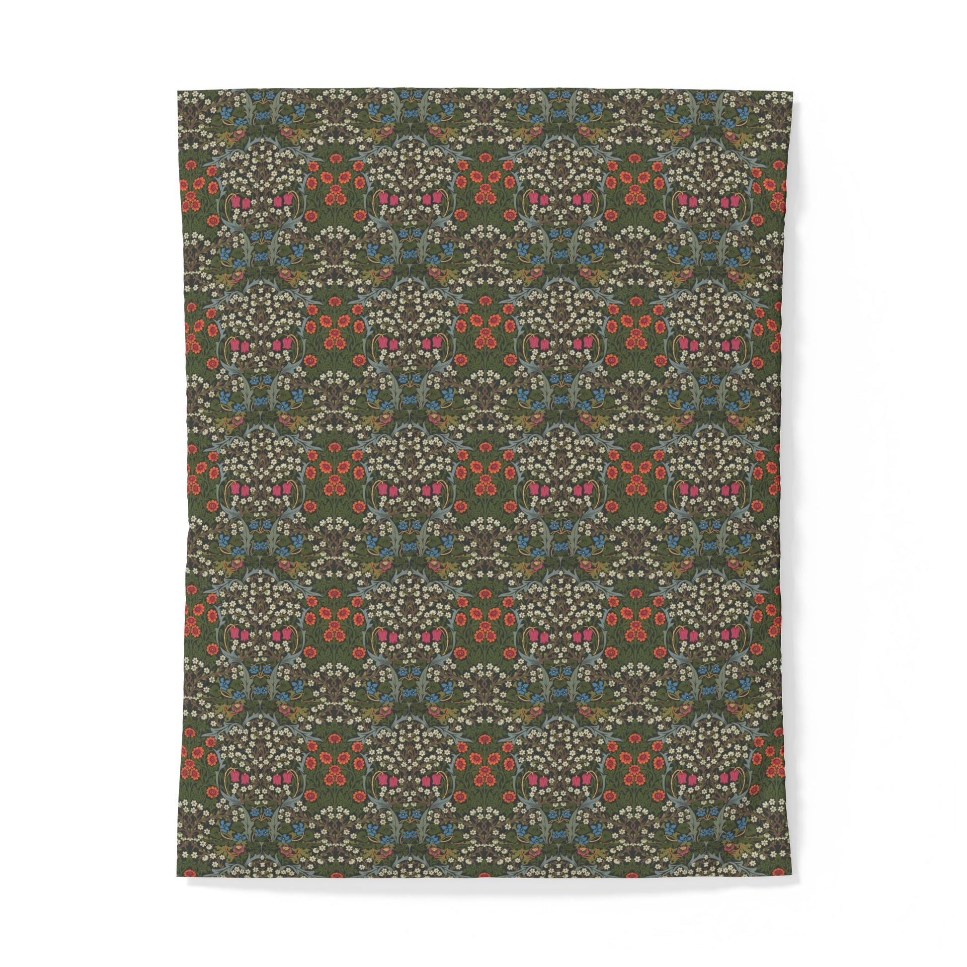 Patterned cotton fabric duvet cover with a green and red design on a white background