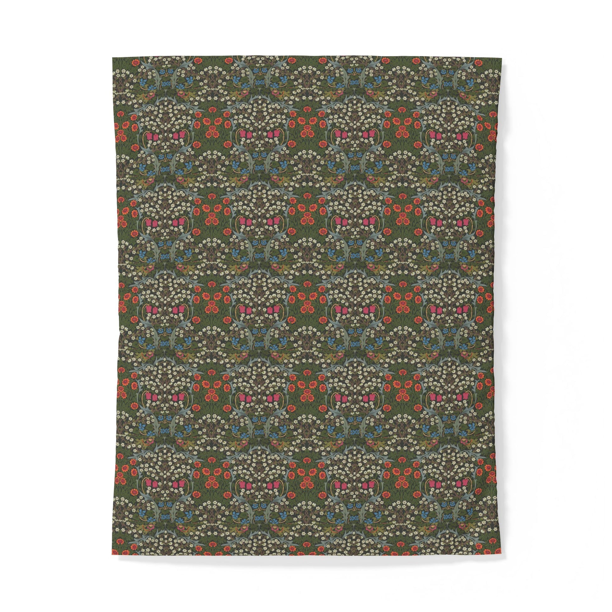 Patterned cotton fabric duvet cover with red and green design on a white background