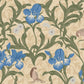 Patterned fabric with blue flowers, green leaves, and birds on a beige background