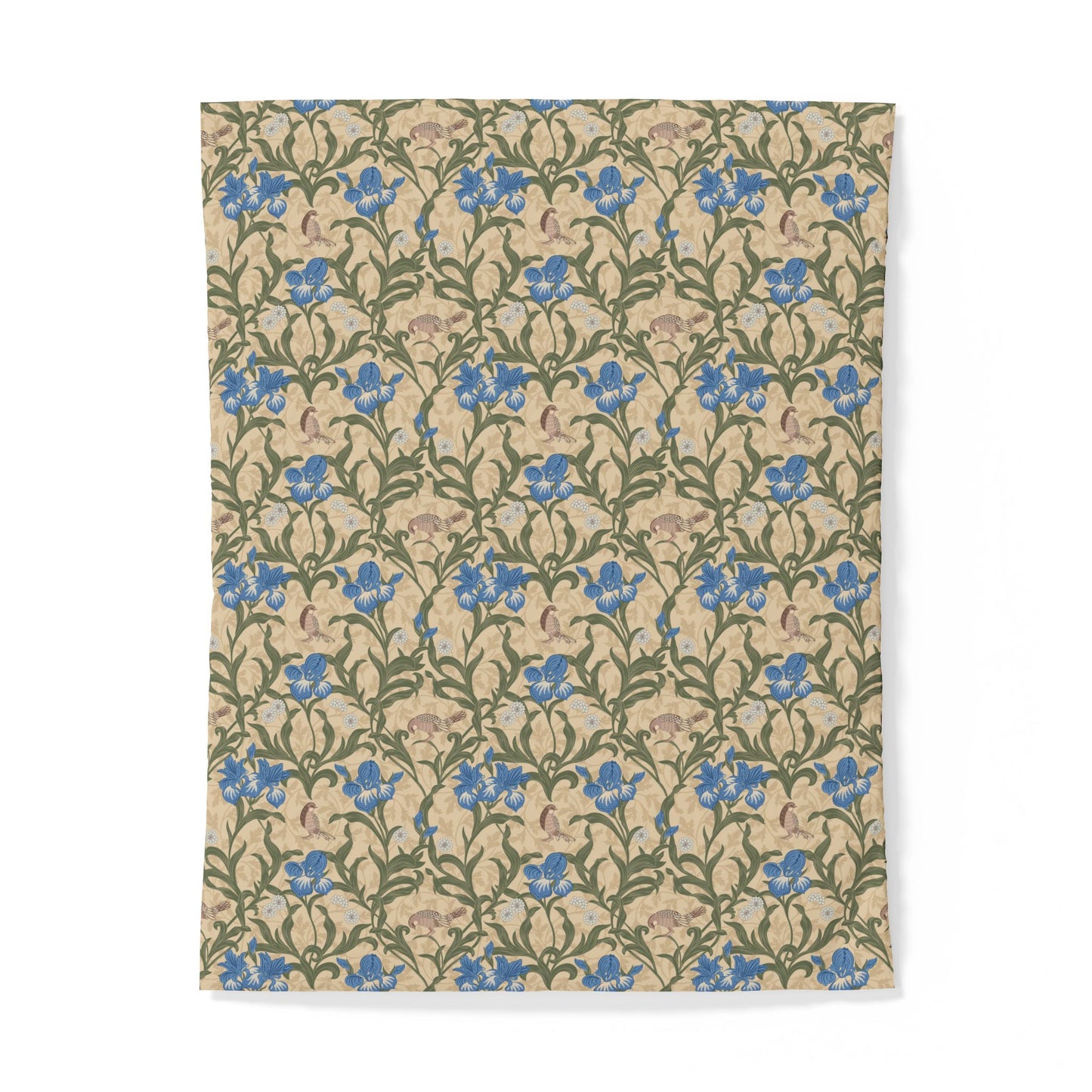 Floral patterned cotton duvet cover with blue flowers on a beige background