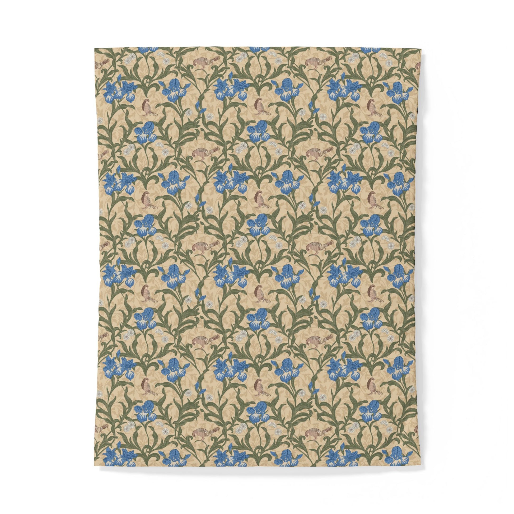 Floral patterned cotton duvet cover with blue flowers on a beige background