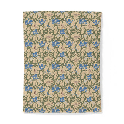 Floral patterned cotton duvet cover with blue flowers on a beige background