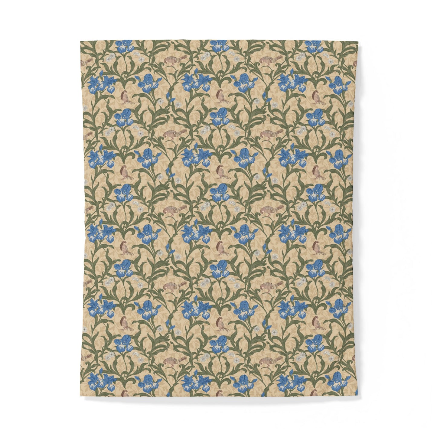 Floral patterned cotton duvet cover with blue flowers on a beige background