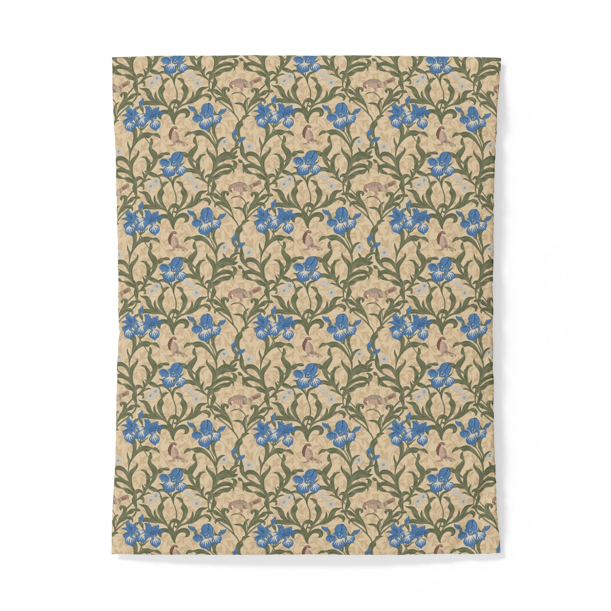 Floral patterned cotton duvet cover with blue flowers on a beige background