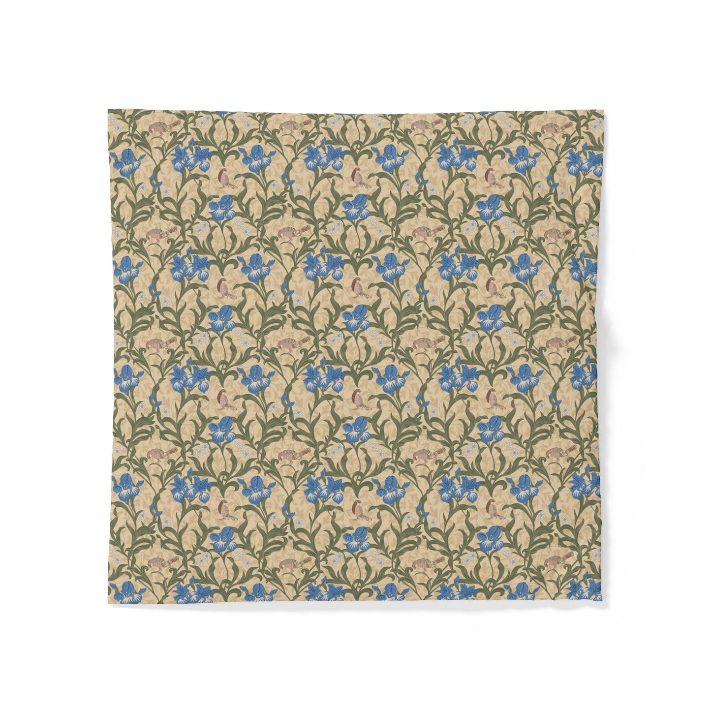 Floral patterned cotton fabric duvet cover with blue flowers on a beige background