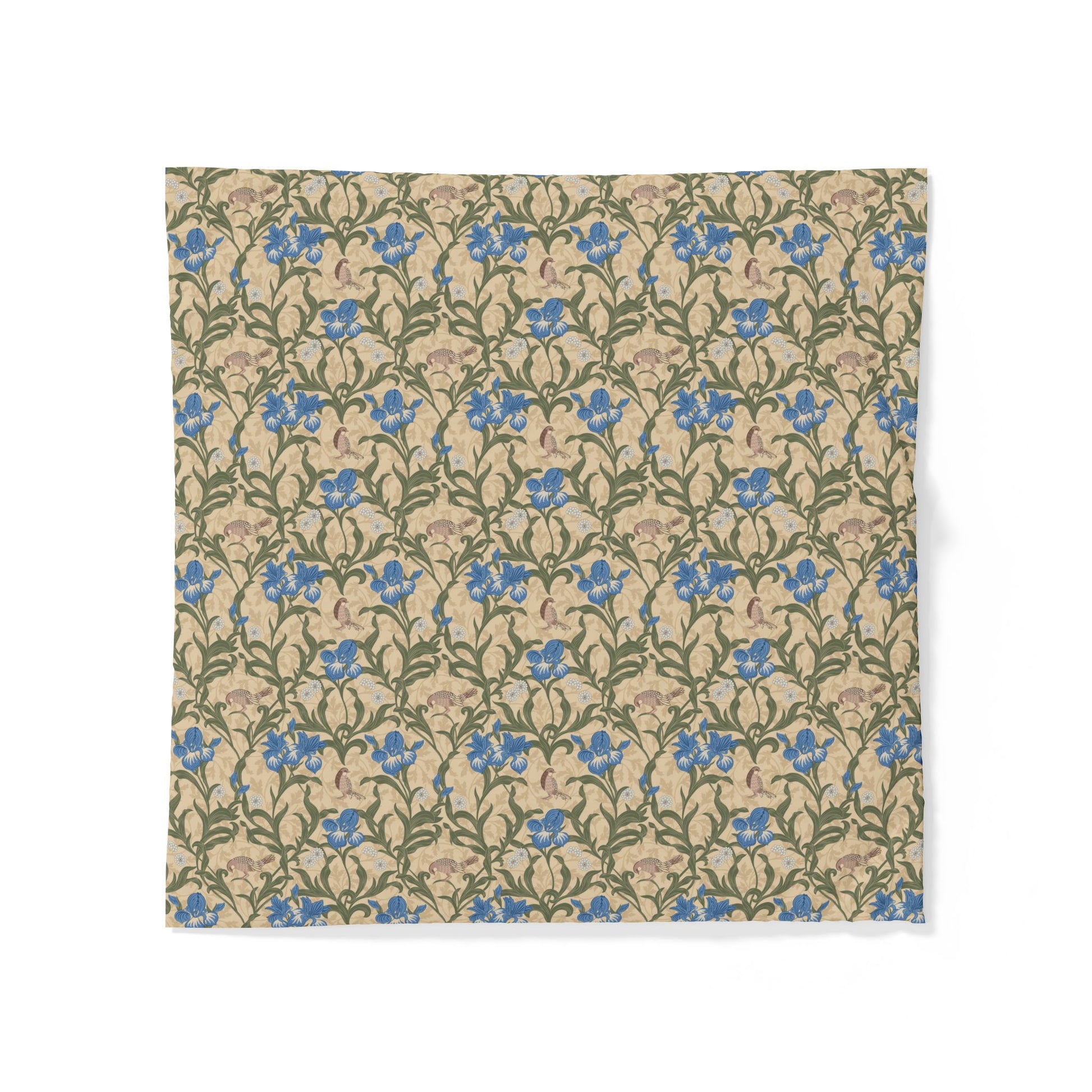 Floral patterned cotton fabric duvet cover with blue flowers on a beige background