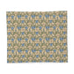 Floral patterned fabric with blue flowers on a beige background
