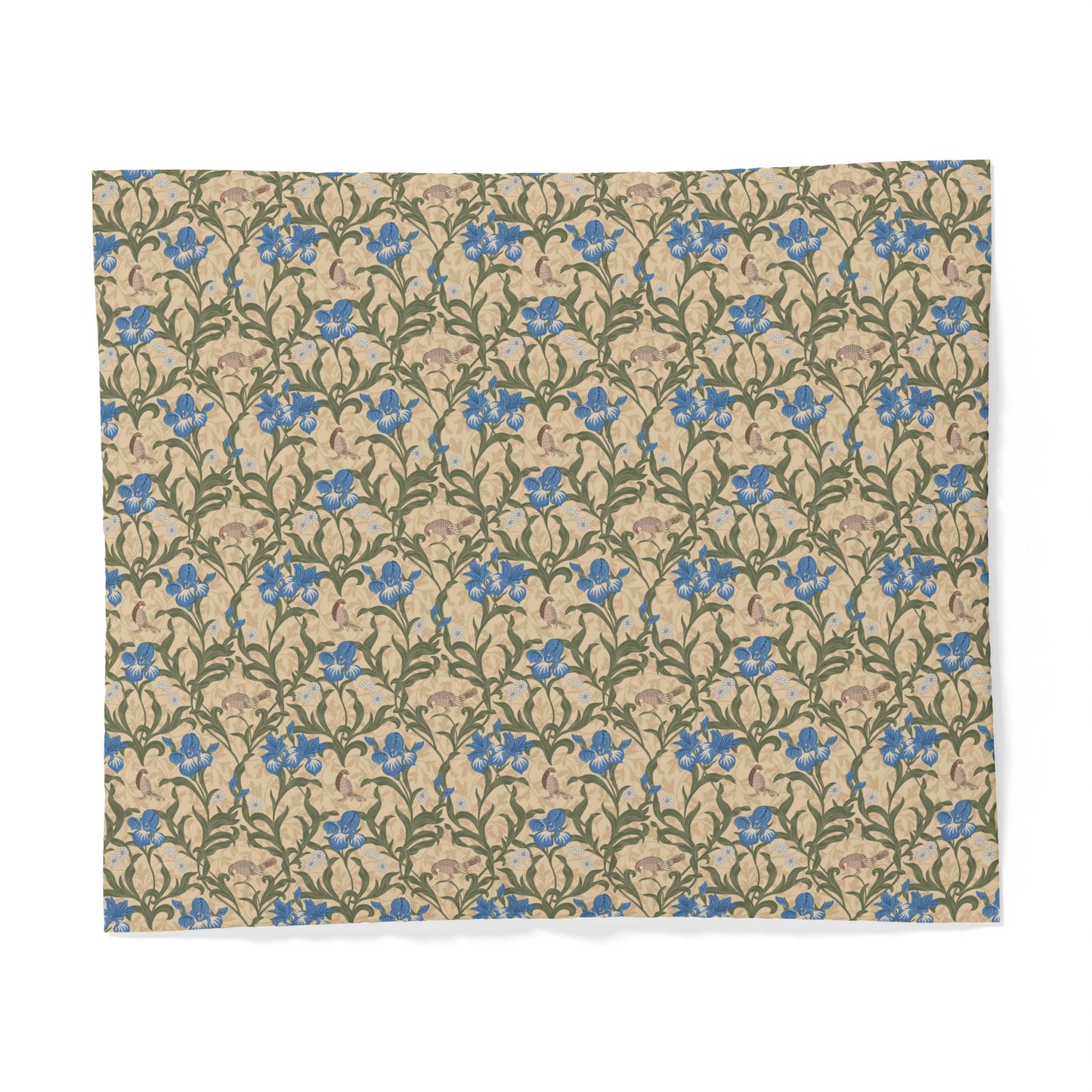 Floral patterned fabric with blue flowers on a beige background