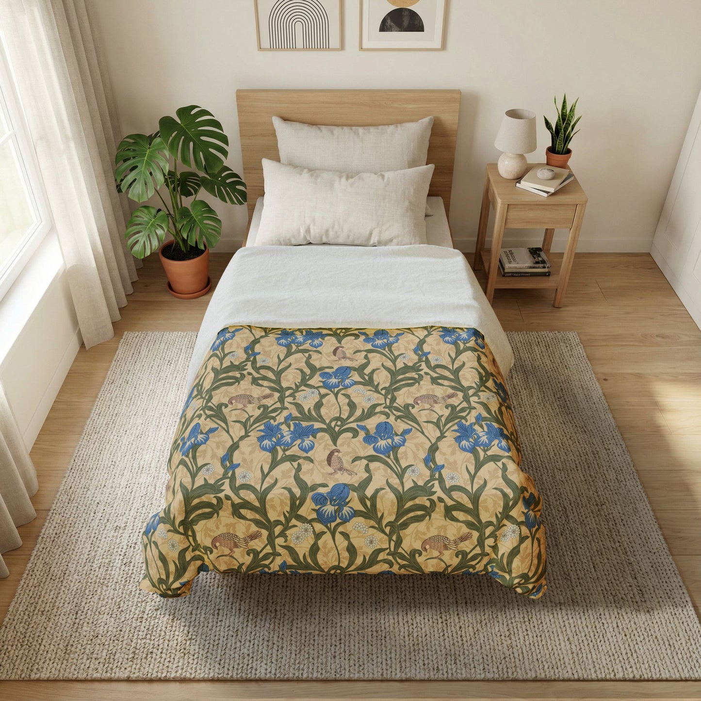 Bedroom with floral comforter, plants, and a side table.