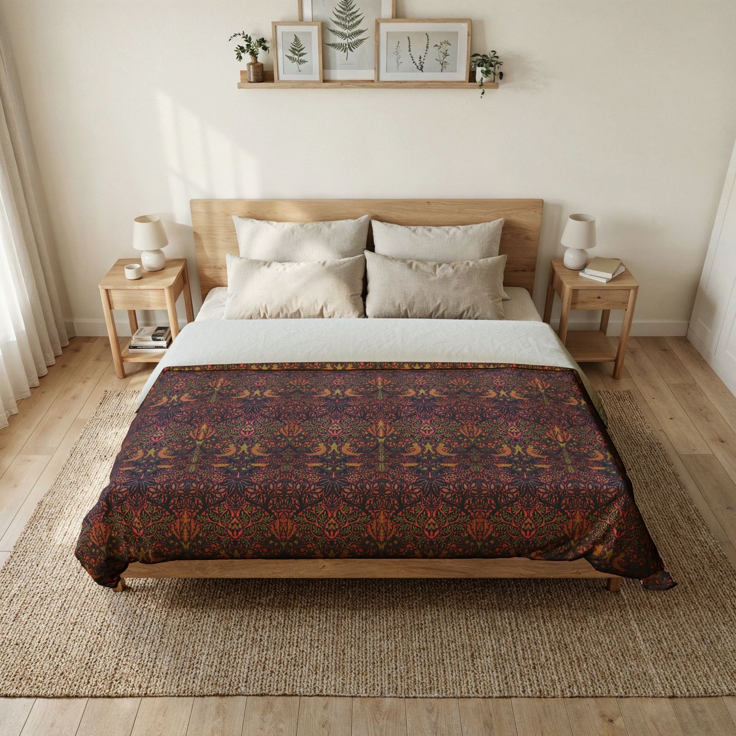 A bed dressed in a dark patterned throw blanket with a colorful bohemian-style floral design, styled in a bright, modern bedroom with a wooden bed frame, bedside tables, and neutral decor.