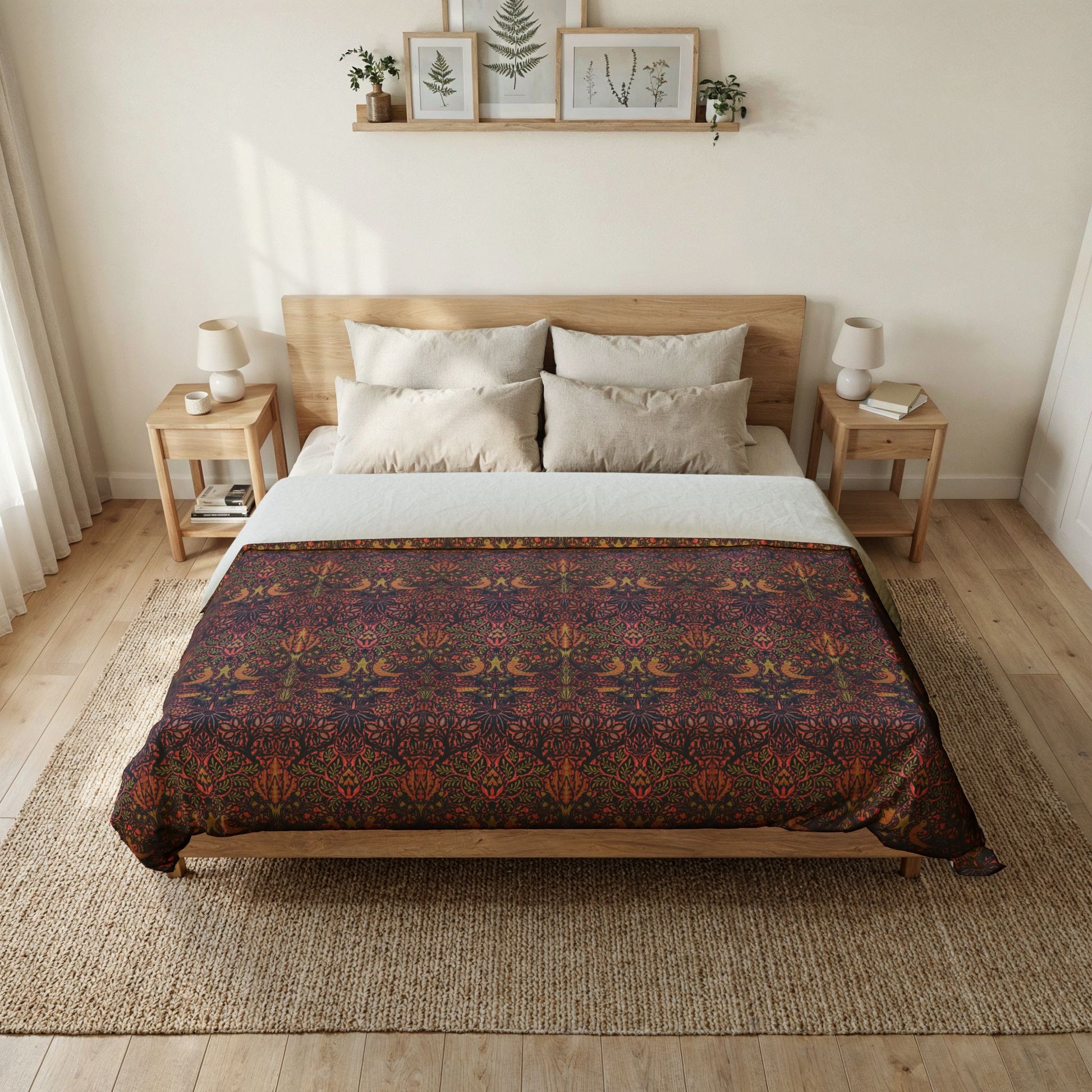 A bed dressed in a dark patterned throw blanket with a colorful bohemian-style floral design, styled in a bright, modern bedroom with a wooden bed frame, bedside tables, and neutral decor.