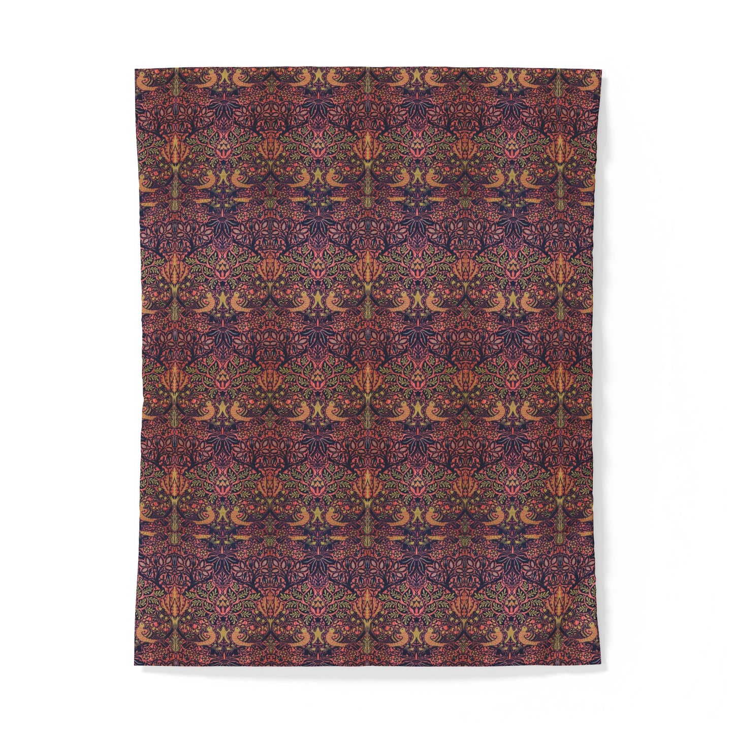 A rectangular textile product, likely a blanket or tapestry, featuring a dense, symmetrical Victorian floral pattern in deep burgundy, purple, and warm orange-brown tones, shown flat against a white background.