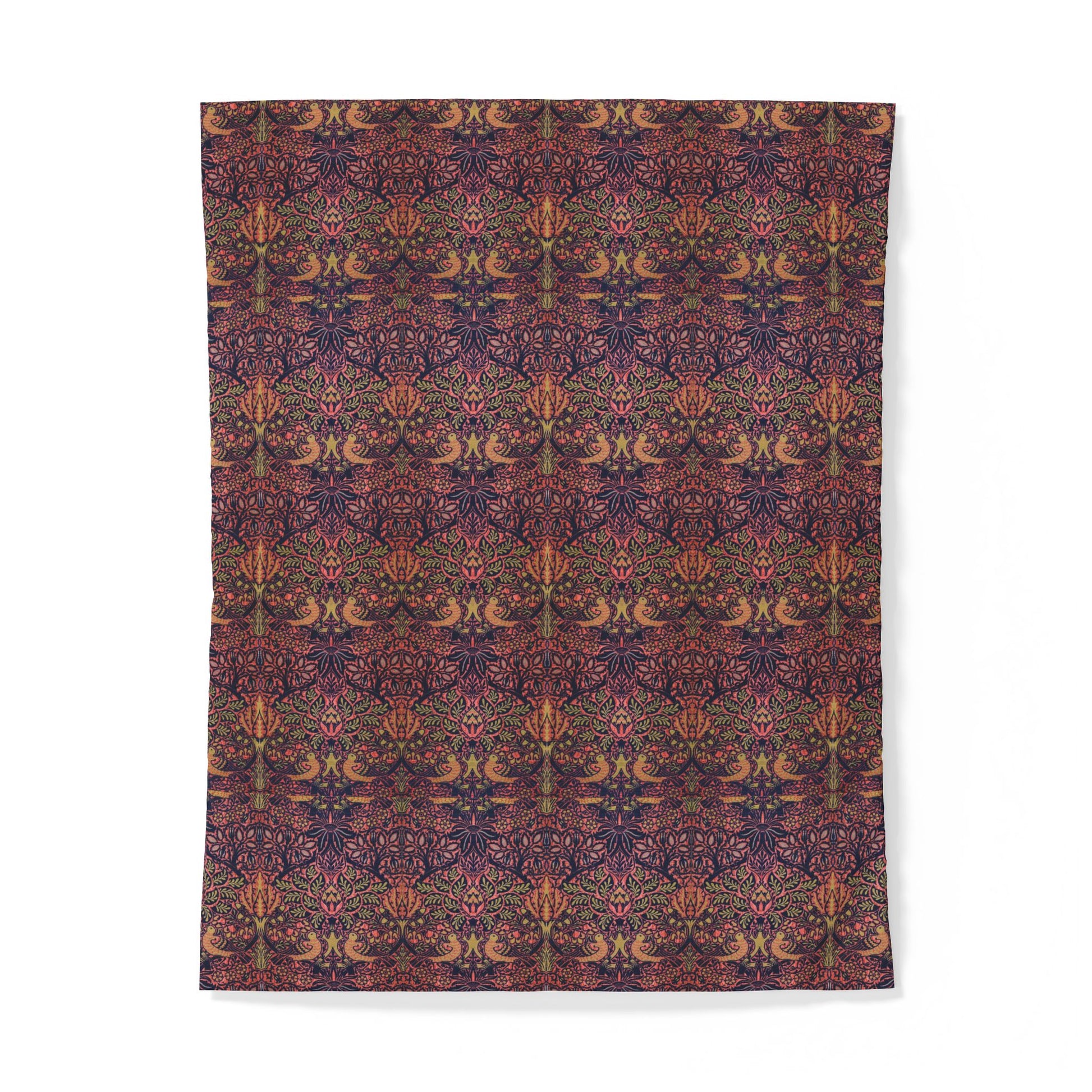 A rectangular textile product, likely a blanket or tapestry, featuring a dense, symmetrical Victorian floral pattern in deep burgundy, purple, and warm orange-brown tones, shown flat against a white background.