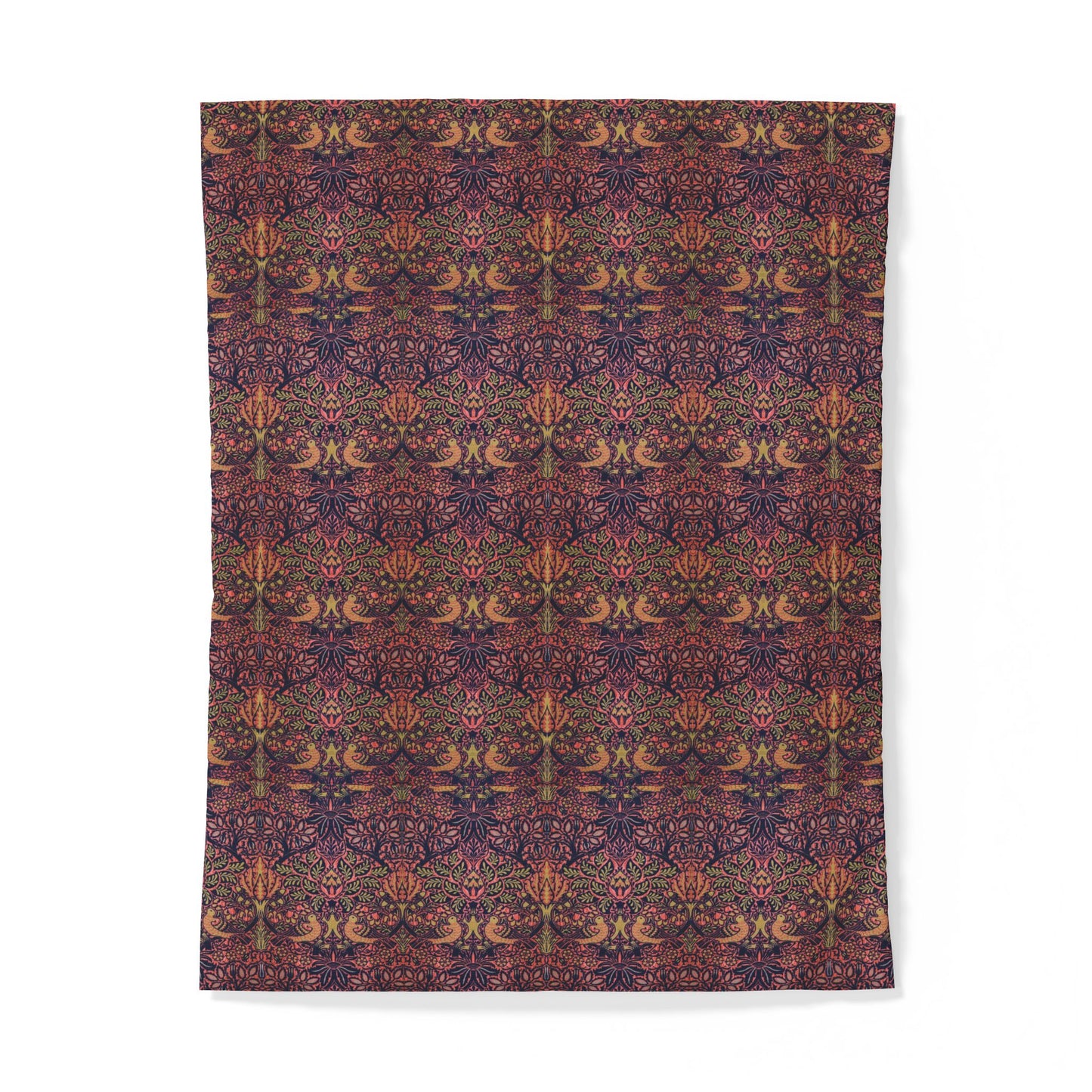 A rectangular textile or fabric panel with an intricate repeating floral and botanical pattern in deep purple, burgundy, rust orange, and green, shown flat against a plain white background.