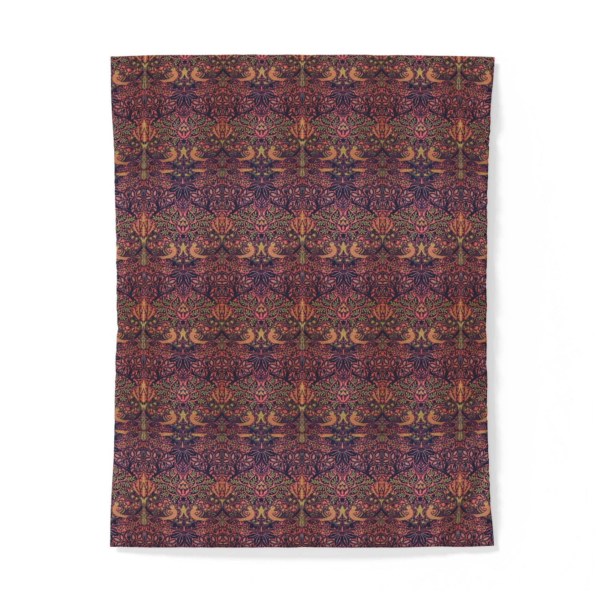 A rectangular textile or fabric panel with an intricate repeating floral and botanical pattern in deep purple, burgundy, rust orange, and green, shown flat against a plain white background.