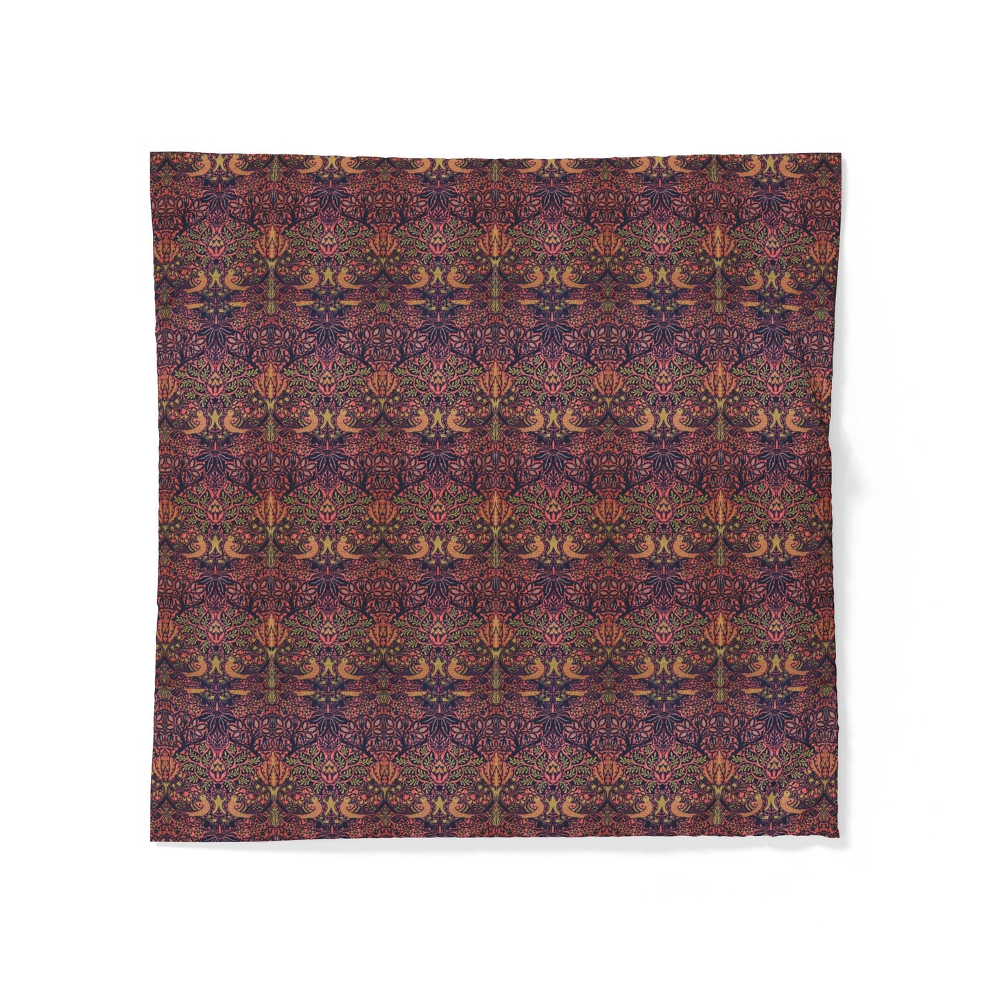 A square fabric item, likely a bandana or napkin, featuring an intricate, symmetrical bohemian-style pattern in deep purple, burgundy, and gold tones, displayed flat against a white background.