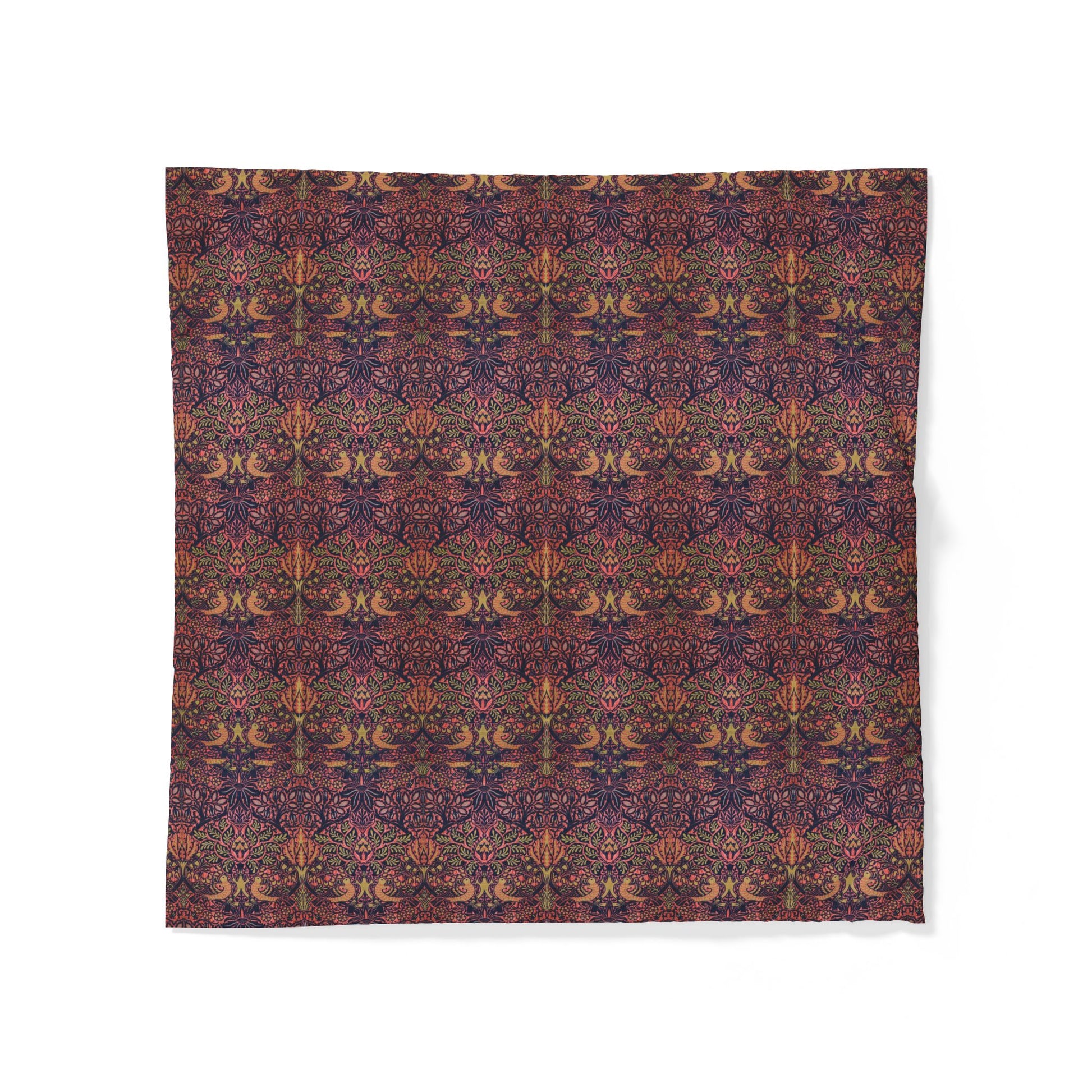 A square fabric item, likely a bandana or napkin, featuring an intricate, symmetrical bohemian-style pattern in deep purple, burgundy, and gold tones, displayed flat against a white background.