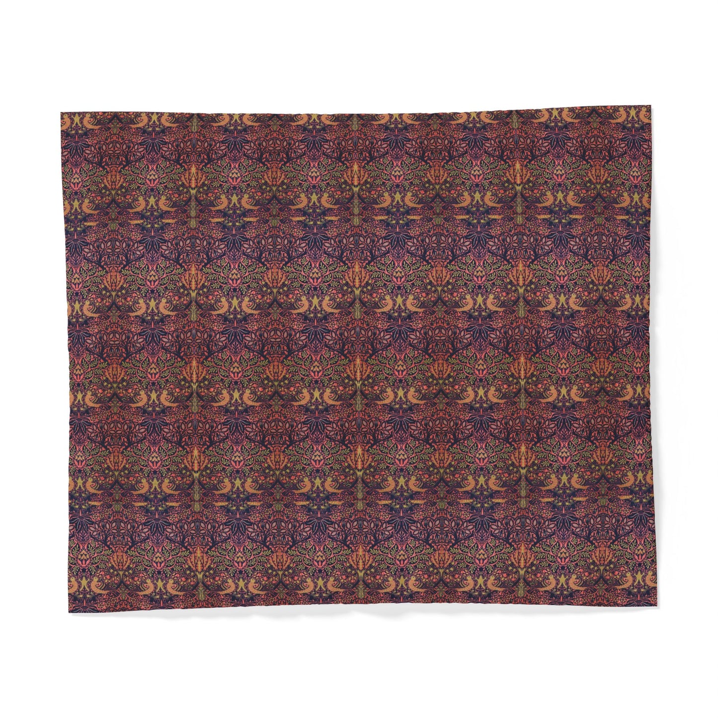 A square textile or fabric sample with an intricate repeating ornamental pattern in dark purple, burgundy, brown, and muted gold, displayed flat against a white background.