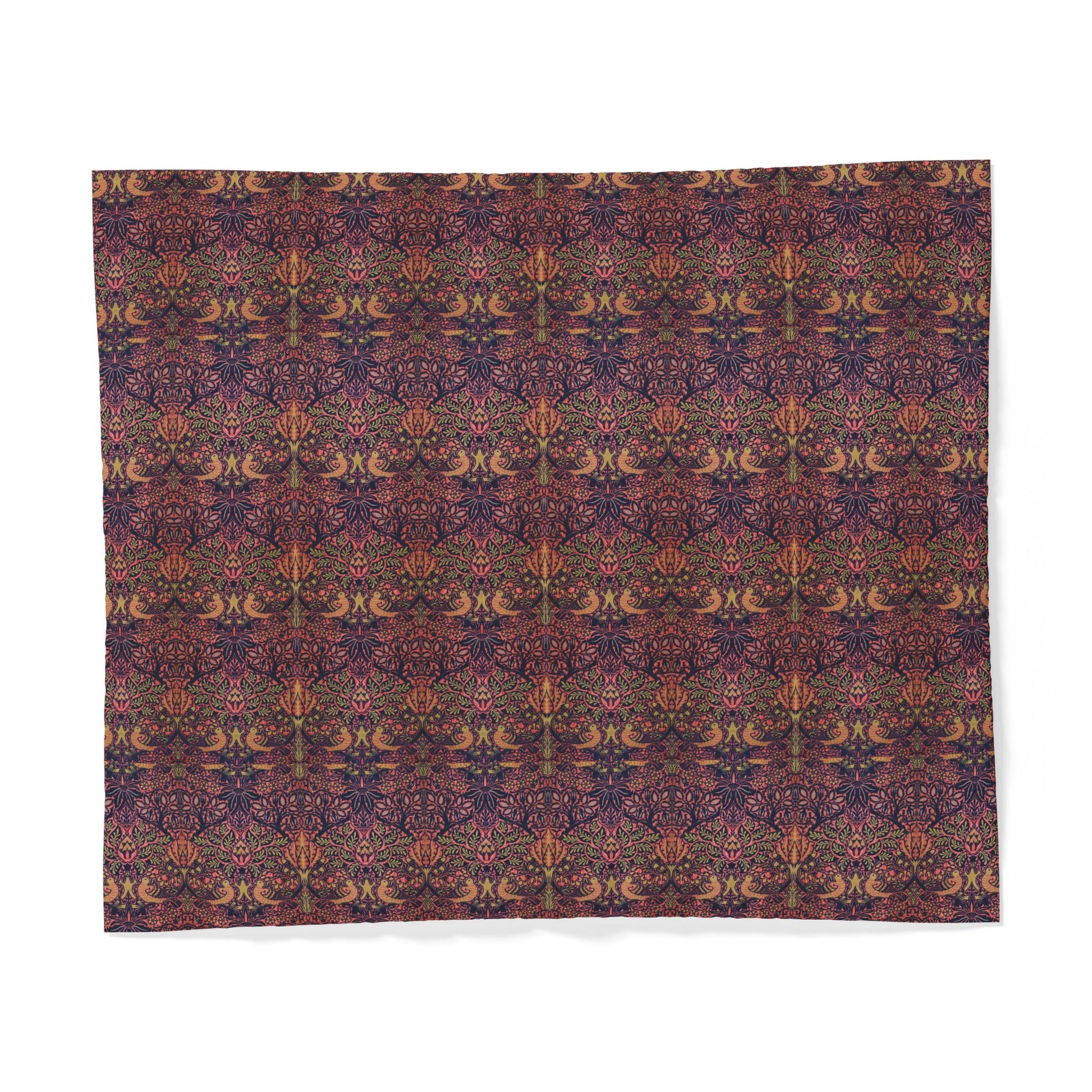 A square textile or fabric sample with an intricate repeating ornamental pattern in dark purple, burgundy, brown, and muted gold, displayed flat against a white background.