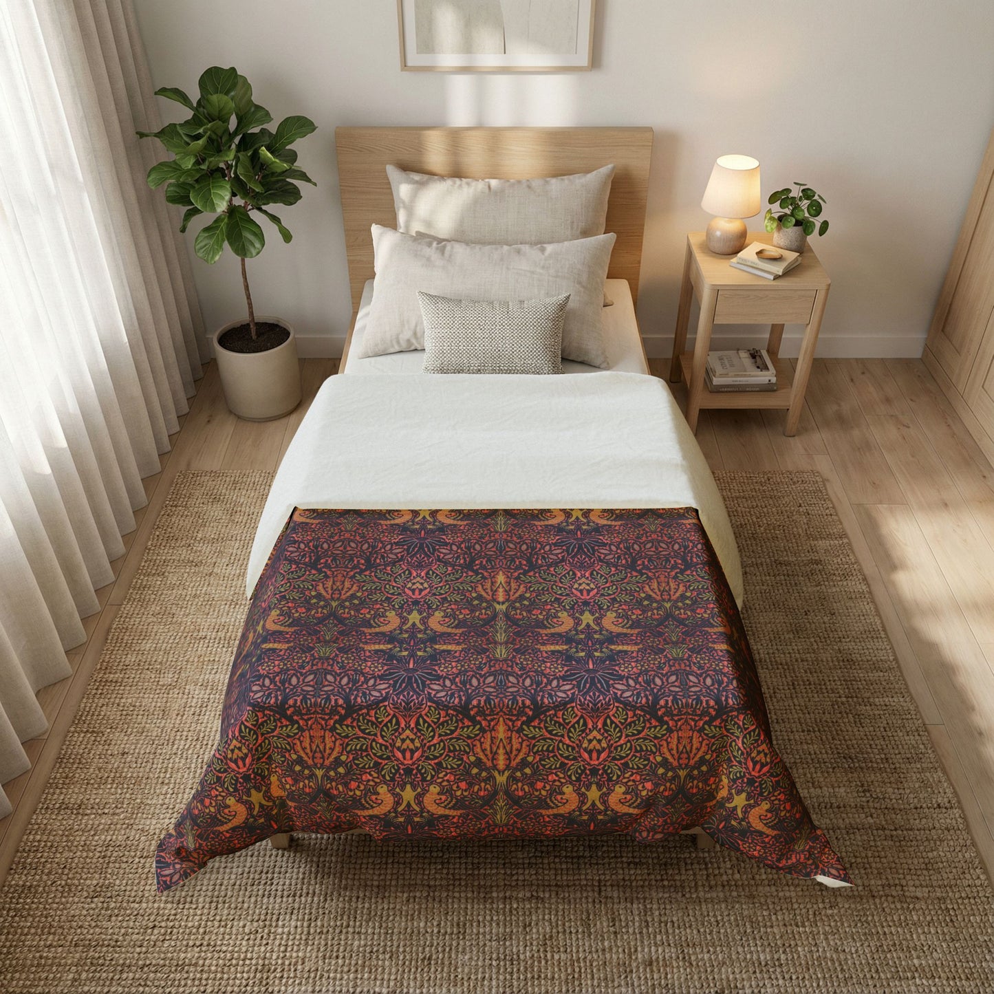 A single bed in a styled bedroom setting, featuring a colorful patterned comforter or throw blanket draped over the foot. The bedding includes white and light gray pillows, a light wood headboard, a matching nightstand with a lamp, and a potted plant.