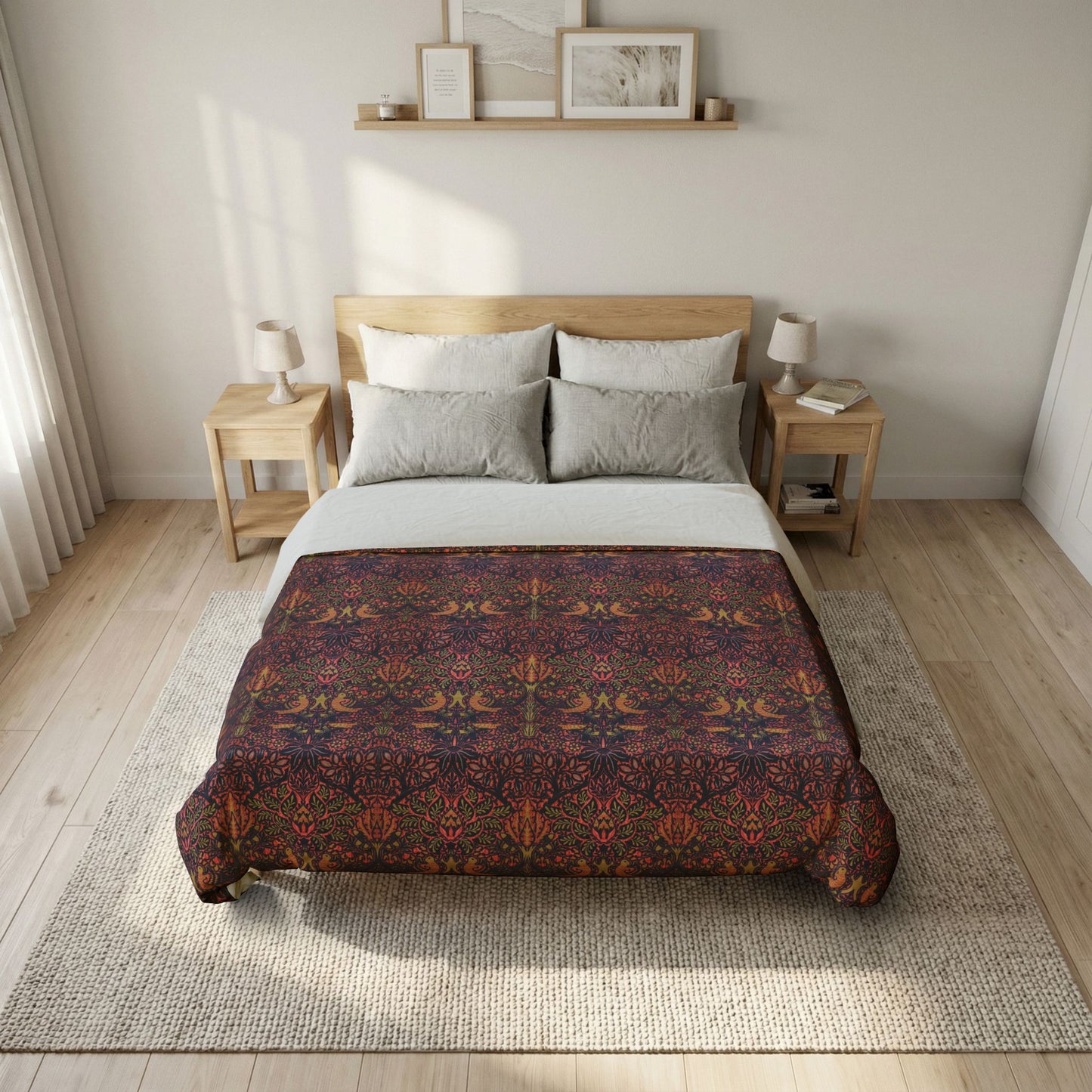 Bedroom with floral-patterned comforter on a bed, wooden nightstands, and framed pictures on the wall.