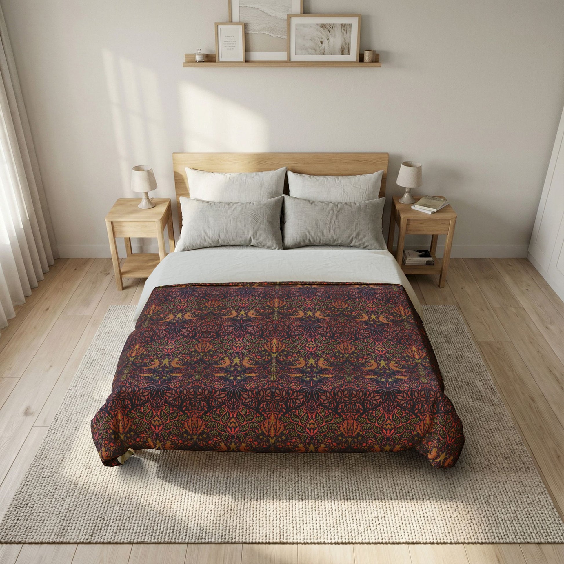 Bedroom with floral-patterned comforter on a bed, wooden nightstands, and framed pictures on the wall.