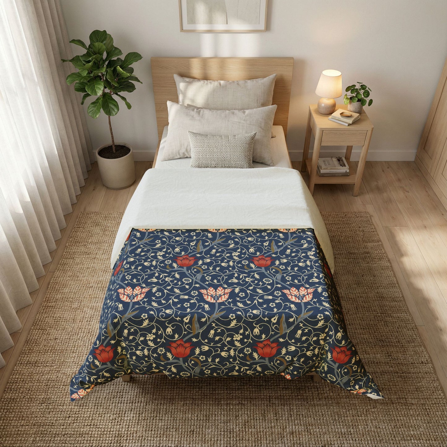 Bedroom with floral-patterned comforter on a bed, nightstand, and plants.