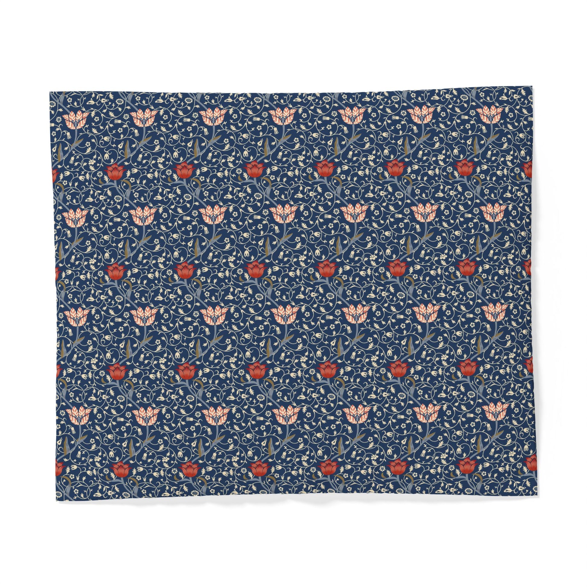 Floral patterned cotton fabric duvet cover with red and pink flowers on a blue background