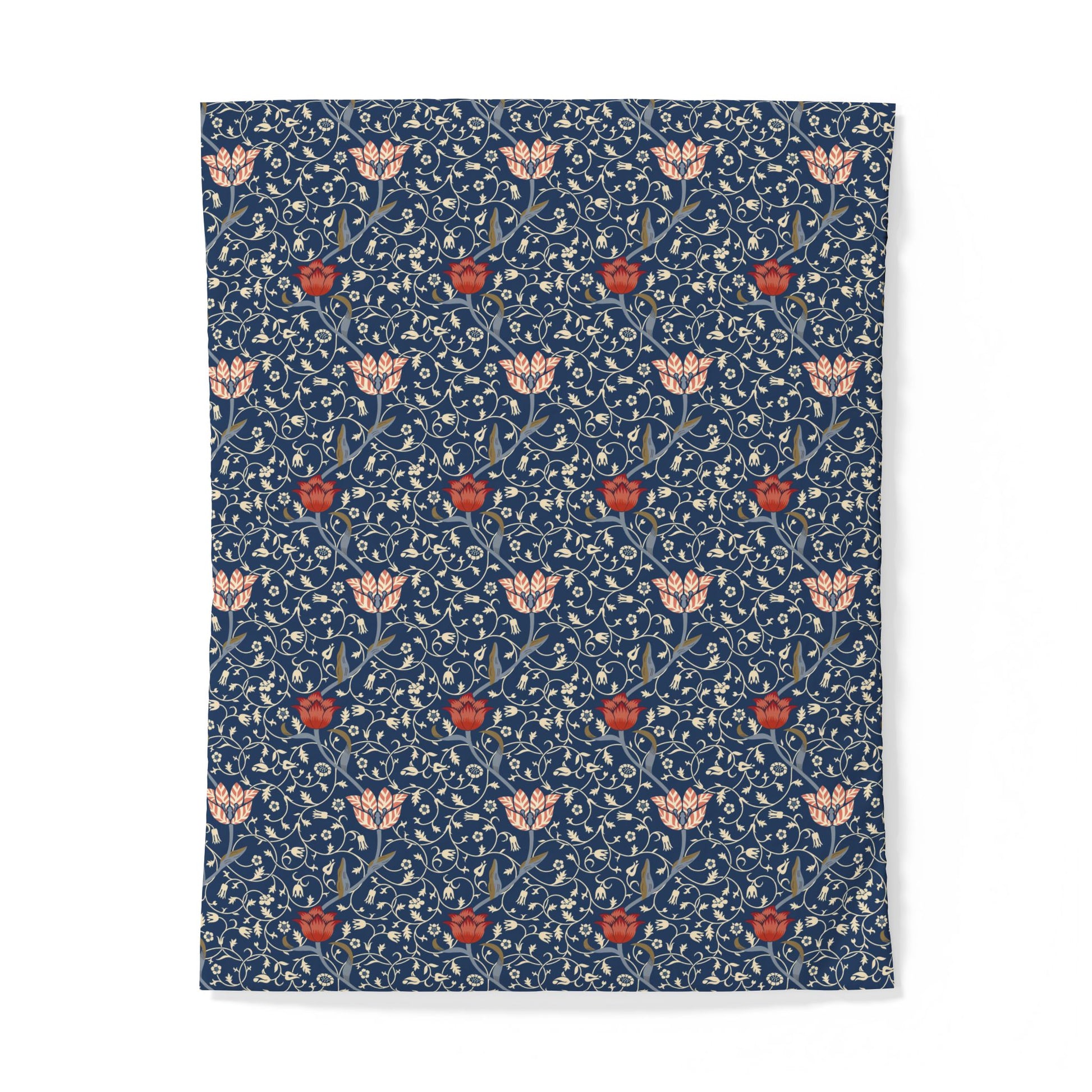 Floral patterned cotton duvet cover with red and pink flowers on a blue background