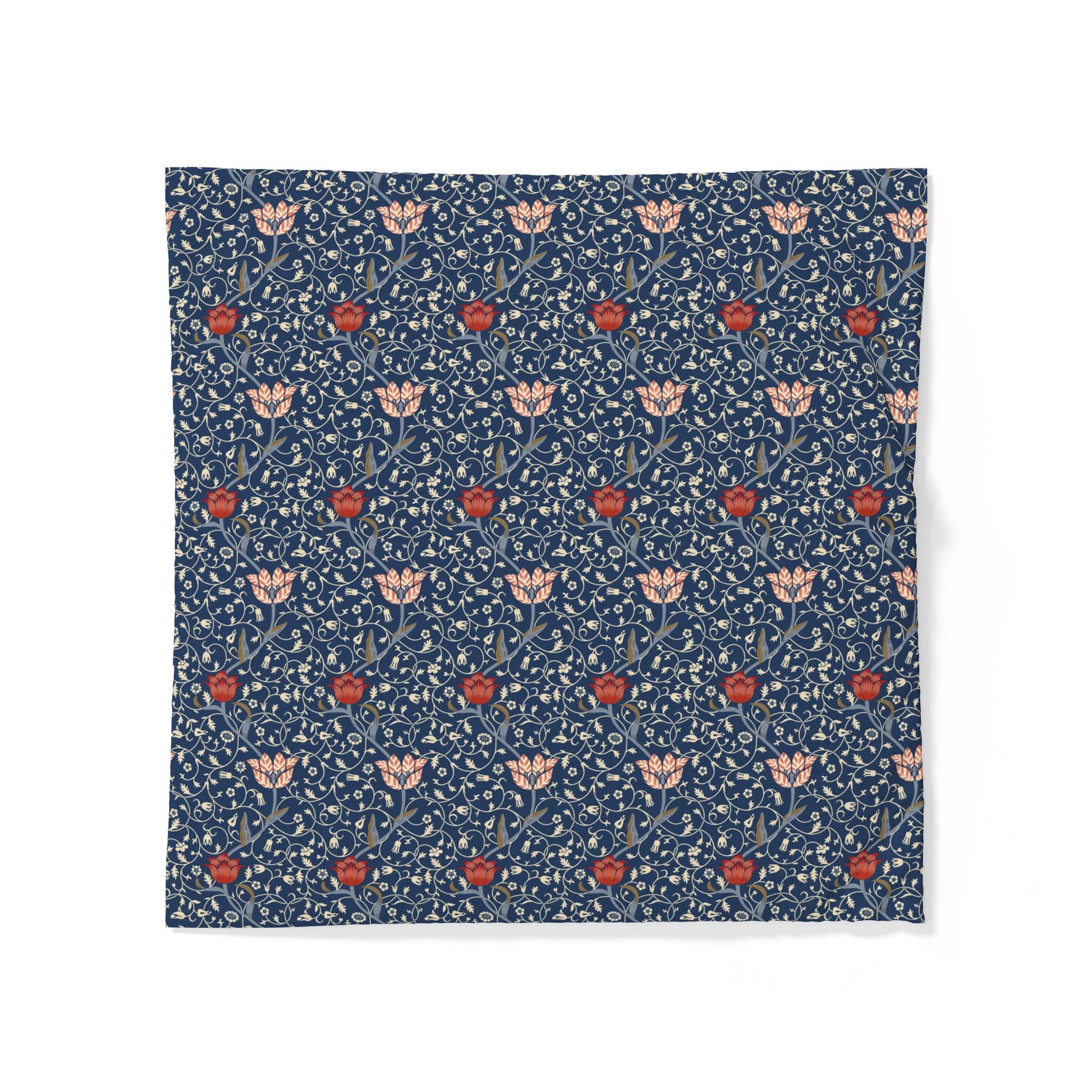 Floral patterned cotton fabric duvet cover on a blue background