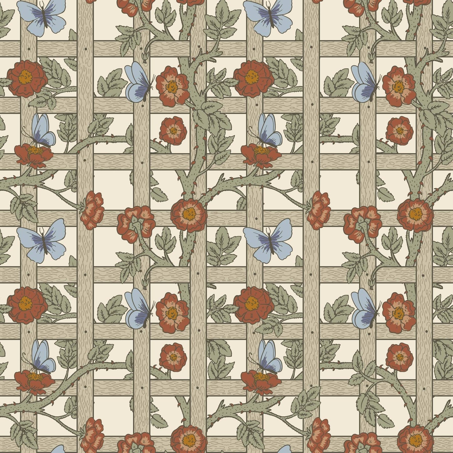 Decorative pattern with flowers and butterflies on a lattice background
